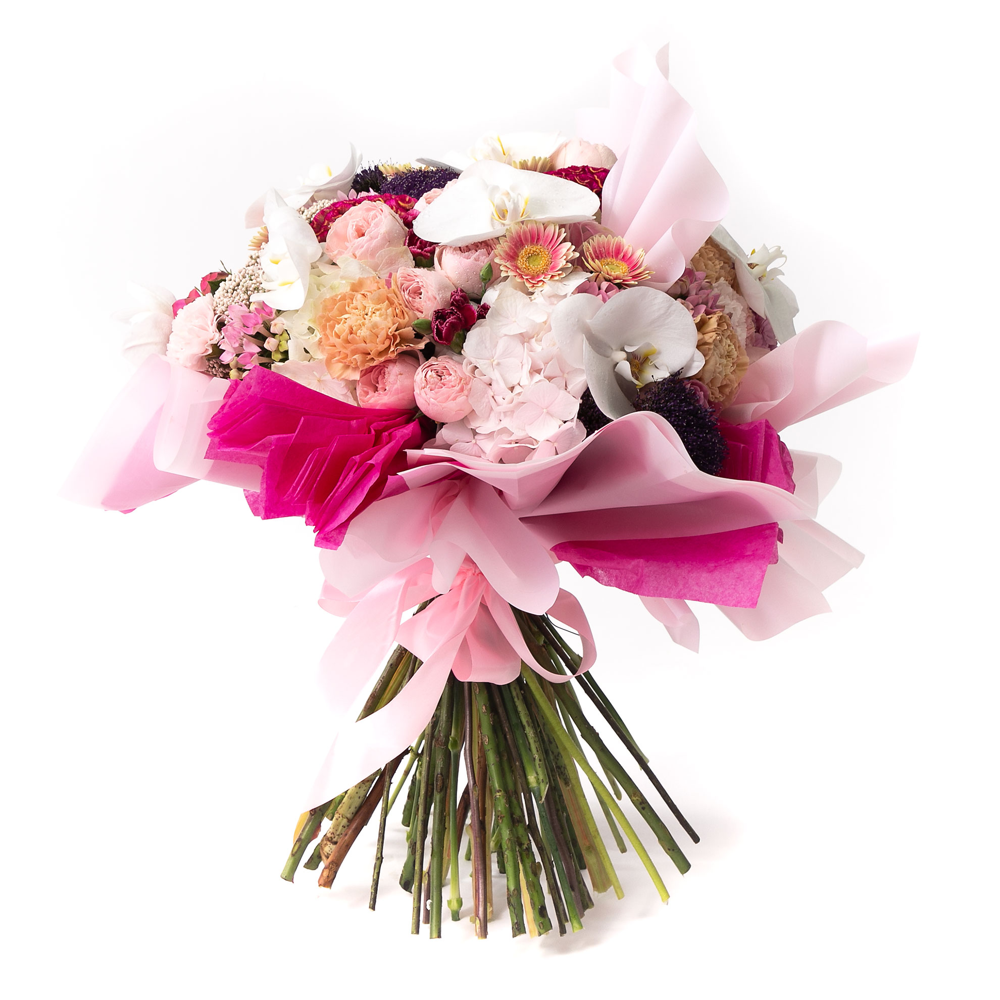Buchet spectaculos din flori roz pal si somon
