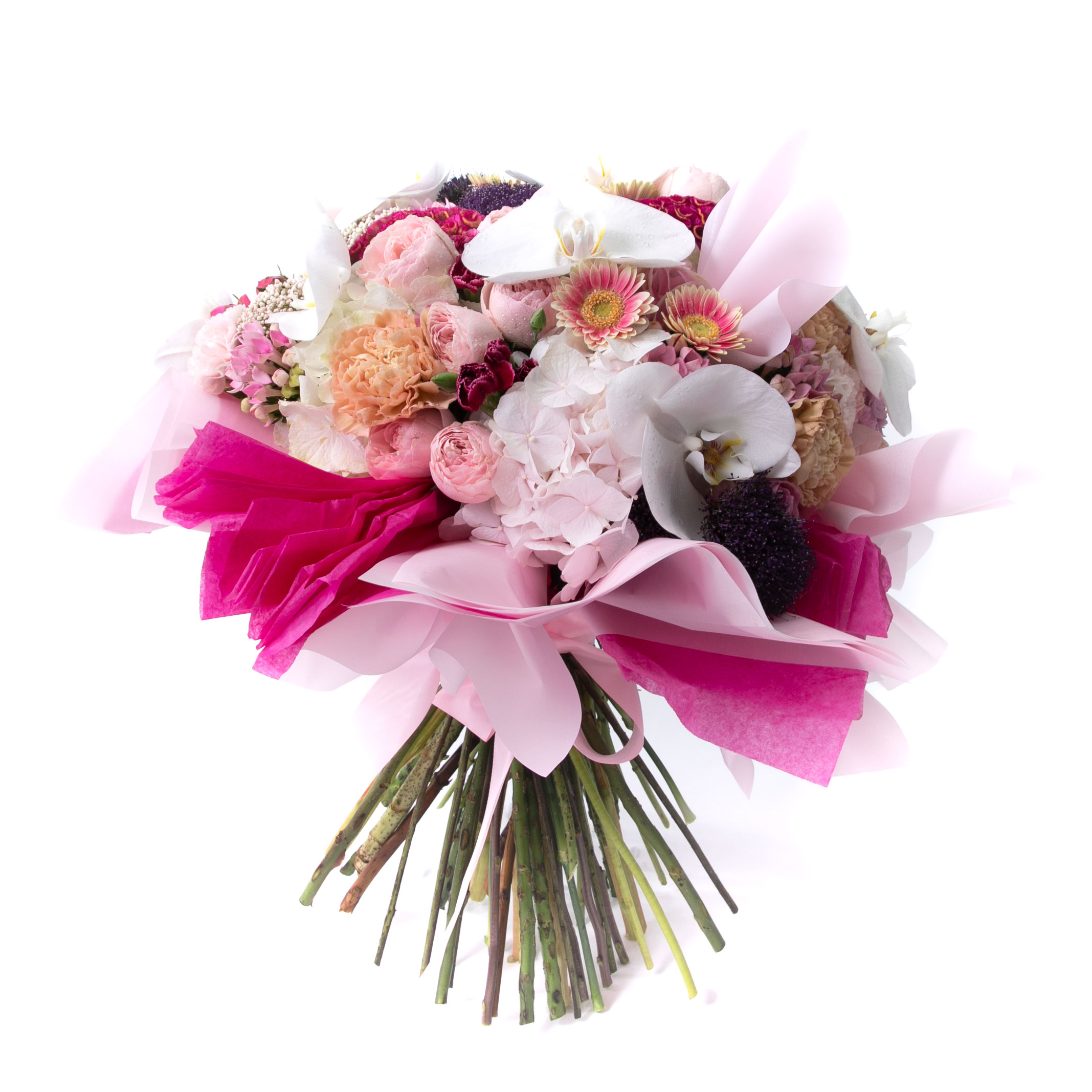 Buchet spectaculos din flori roz pal si somon