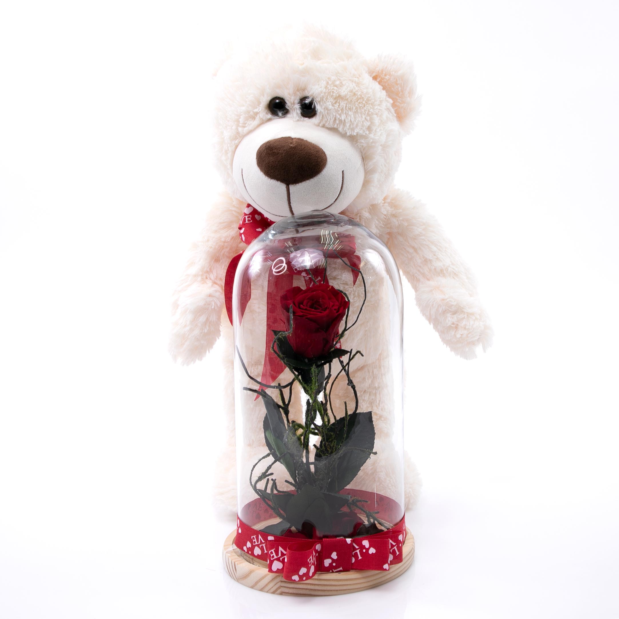 Trandafir criogenat romantic si ursulet de plus 40 cm