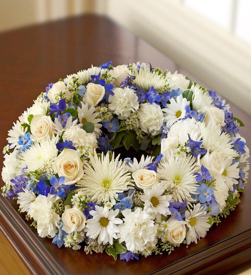 Coroane funerare flori albe si albastre