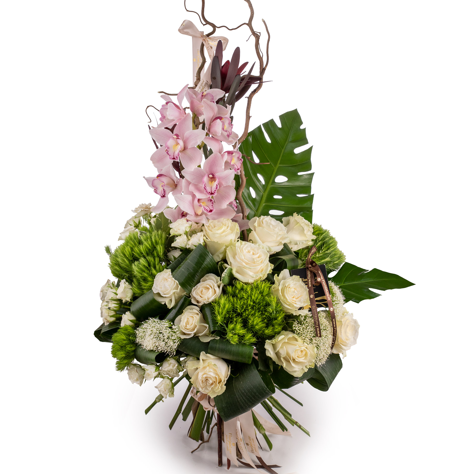 Buchet elegant cu trandafiri albi si cymbidium-Premium
