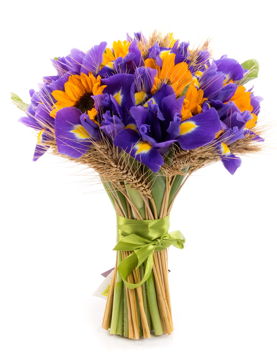 buchet irisi, floarea-soarelui si spice de grau