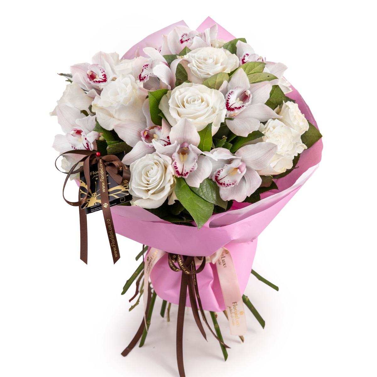 Buchet trandafiri albi si orhidee imperiala