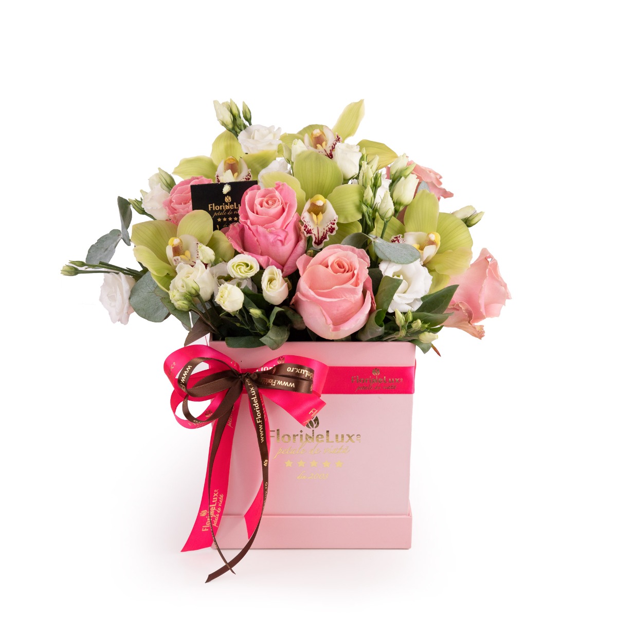 Aranjament floral cu trandafiri galbeni si lalele roz Aranjament