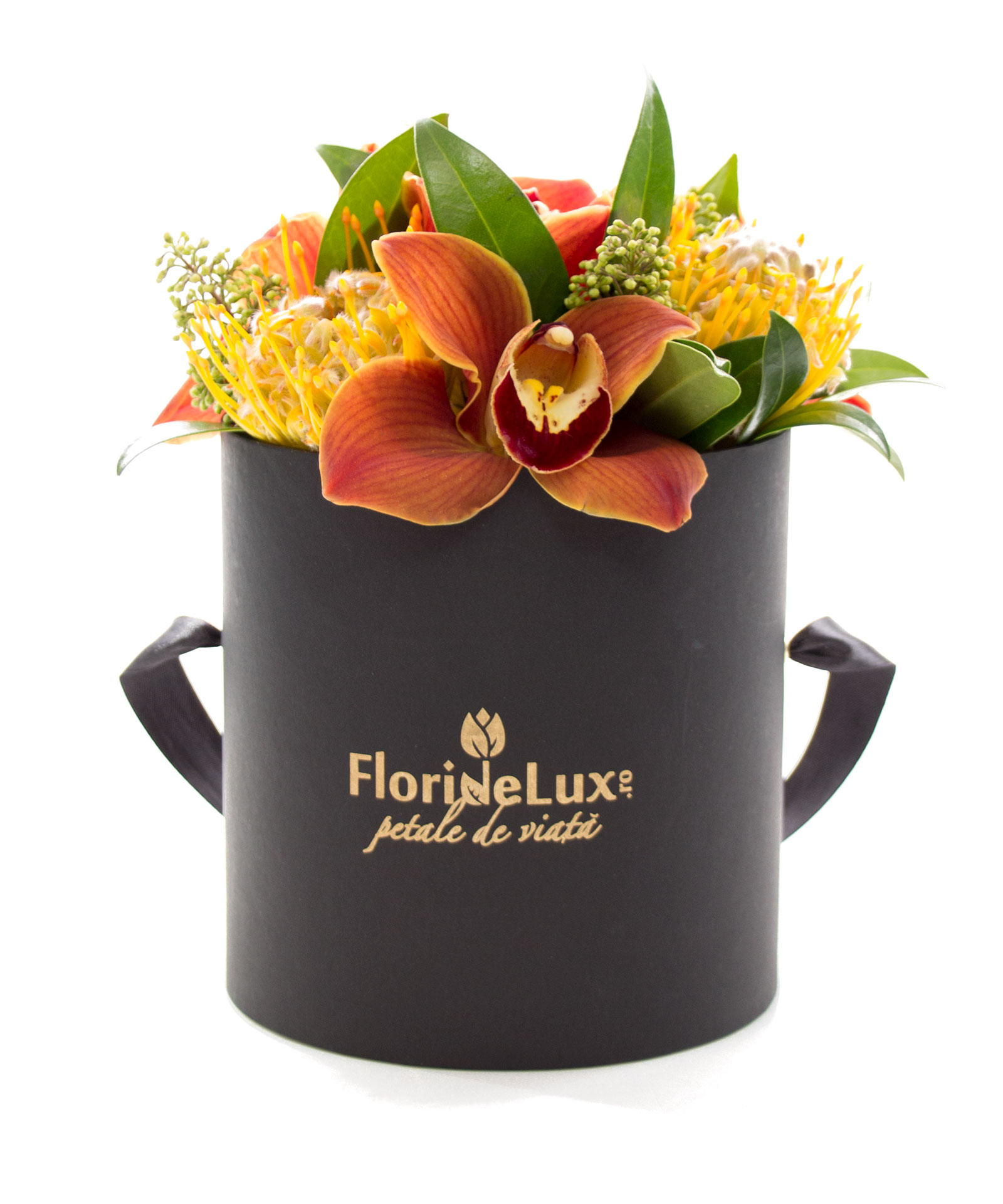 Cutie de lux cu flori exotice si vin Tralca - cele mai frumoase cadou uimesc prin originalitate si eleganta. Iar aceasta cutie neagra cu auriu plina cu flori exotice rare face exact aceasta impresie! Desigur, cadoul este completat de o sticla de vin 