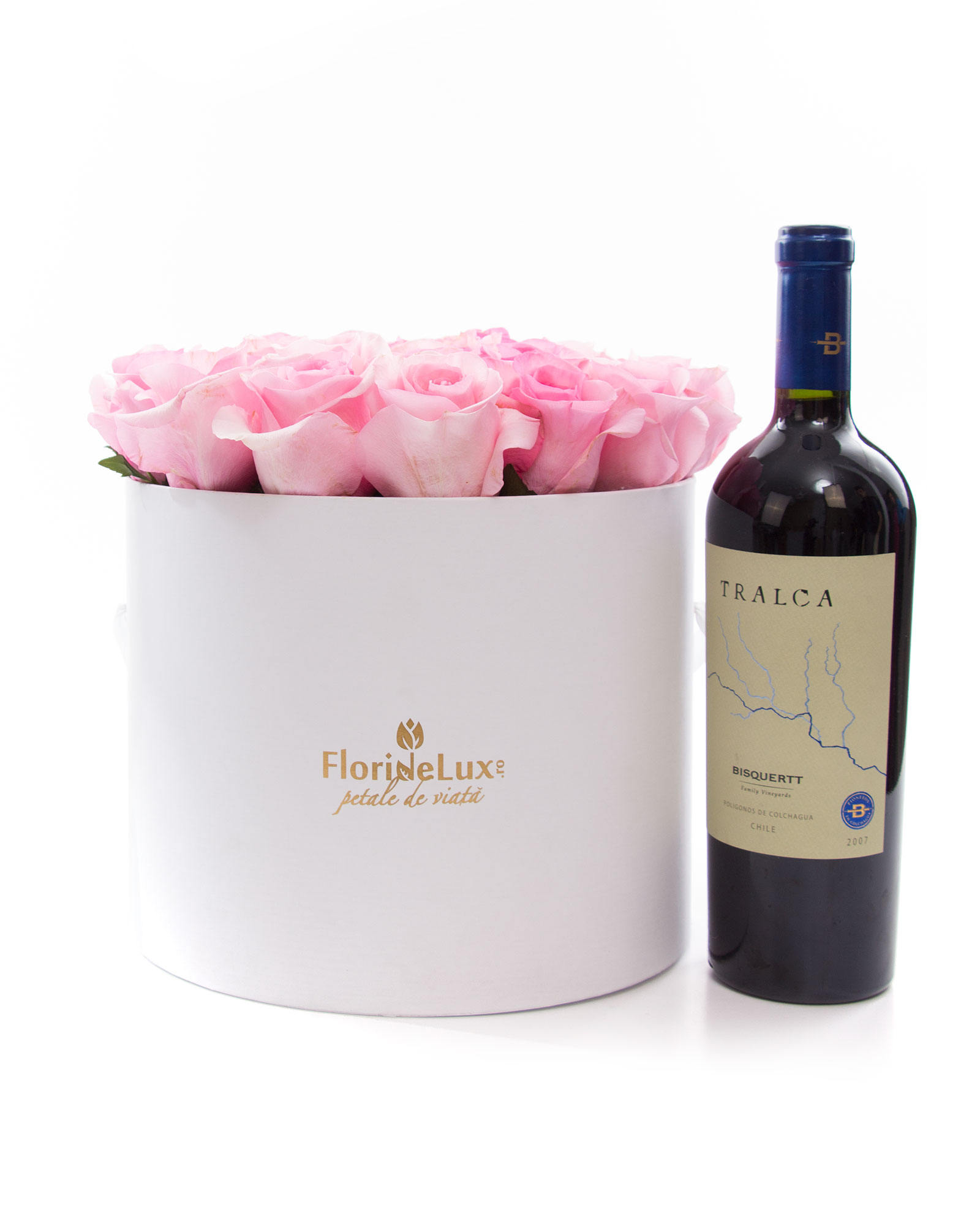 Cutie delicata trandafiri roz pal si vin Tralca