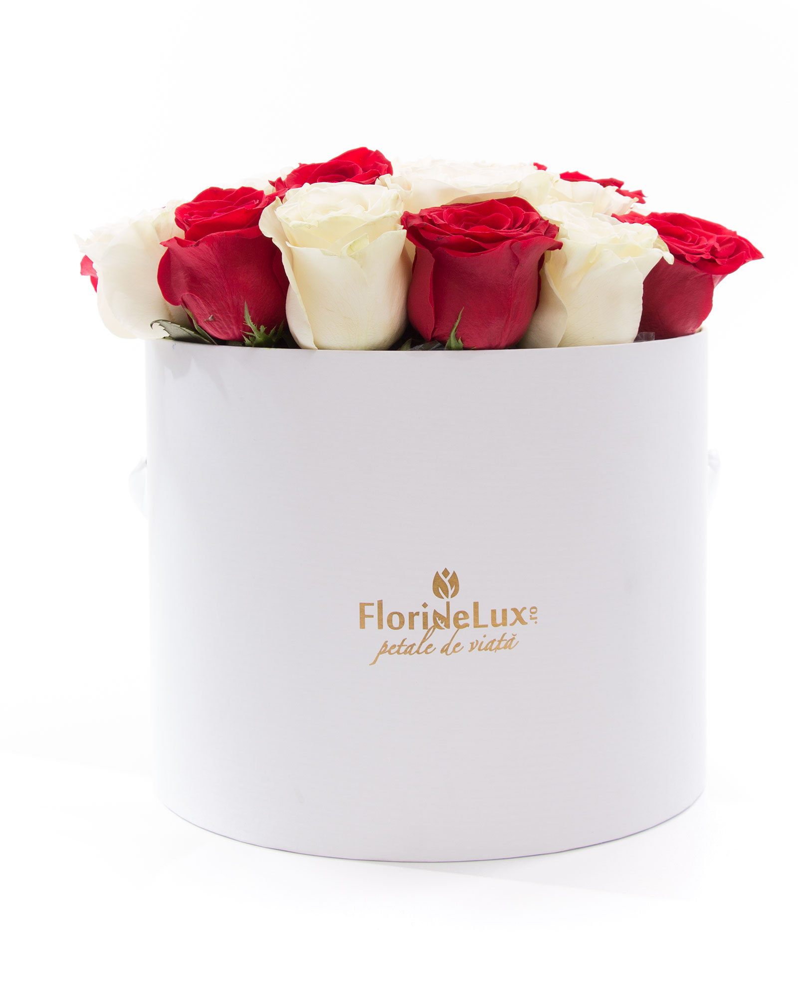 Cutie cu 23 trandafiri albi, rosii si Bollinger Rose
