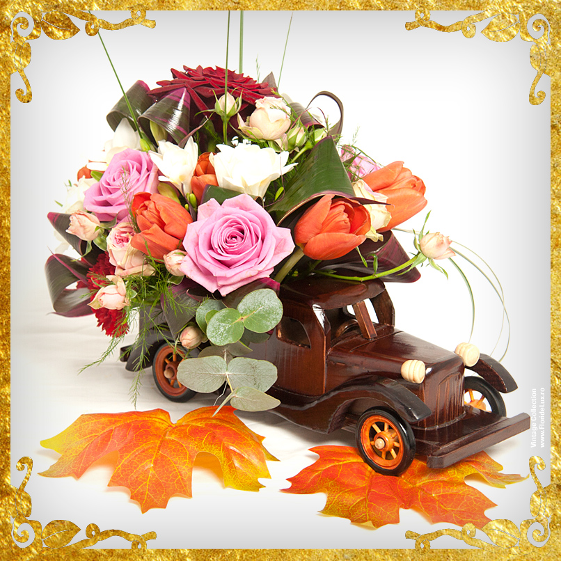 masina cu flori, aranjament floral vintage