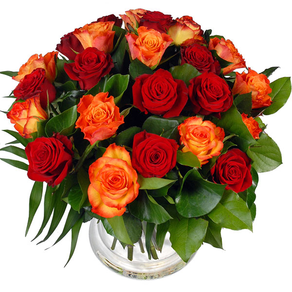 buchet de flori trandafiri rosii si portocalii