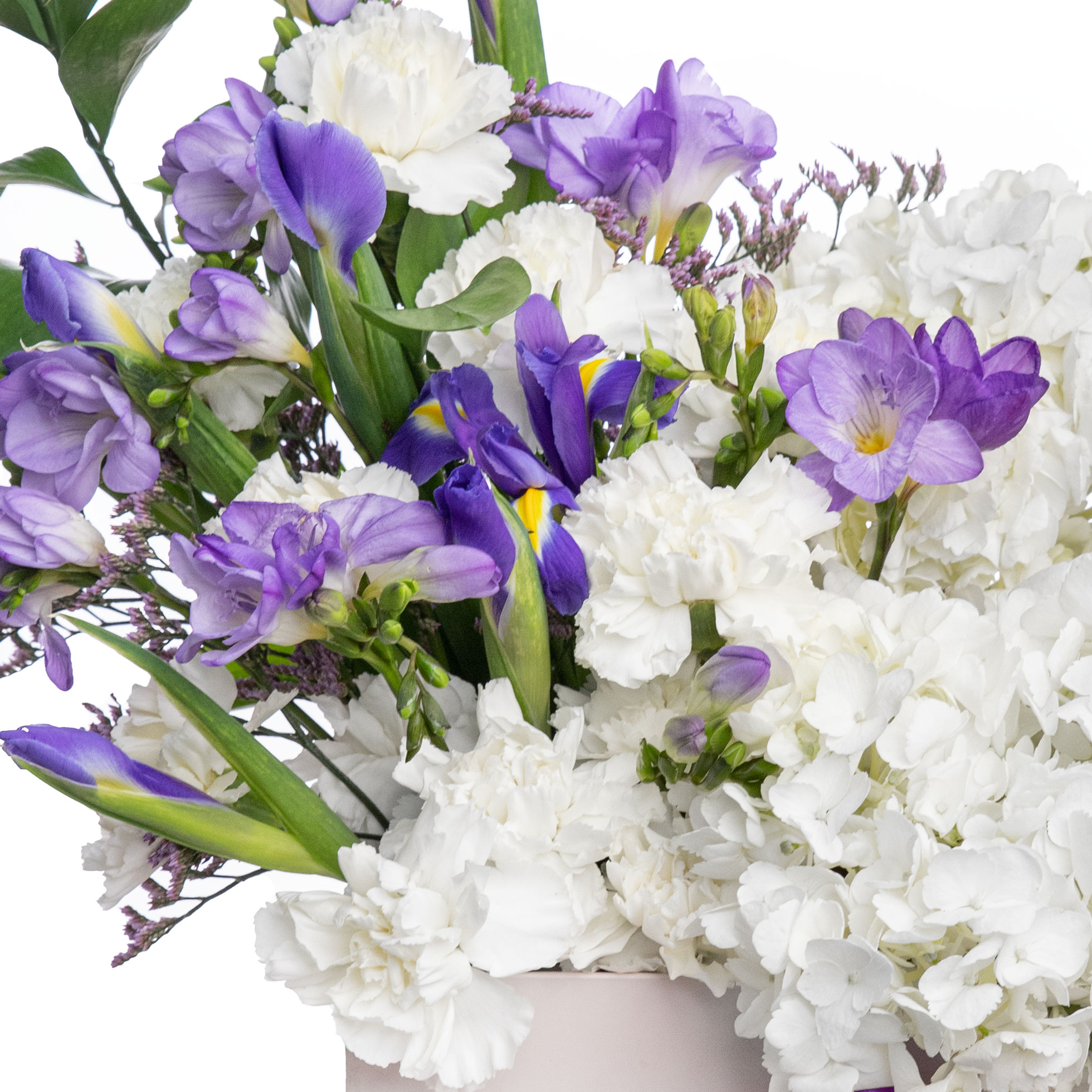 Aranjament floral in cutie cu iris, hortensii, frezii