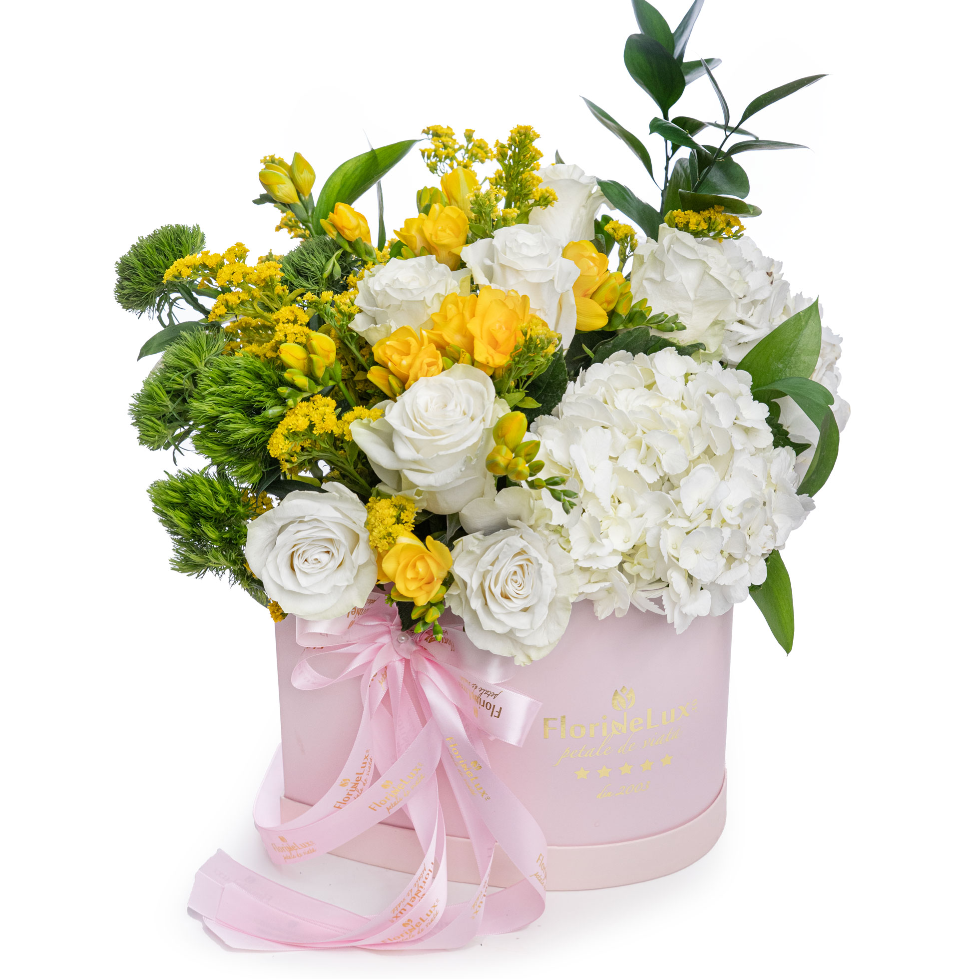 Aranjament floral cutie cu trandafiri, frezii si garoafe verzi