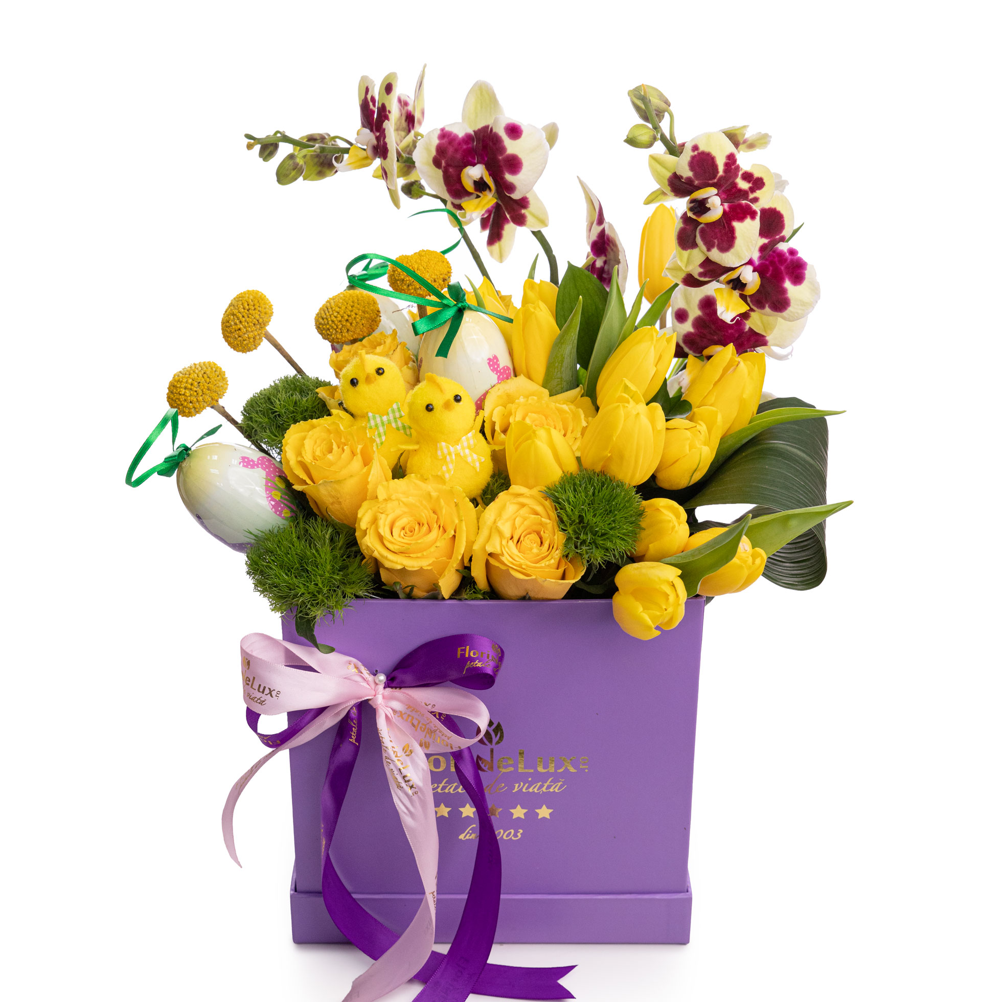 Aranjament floral cu lalele si orhidee, pentru Paste