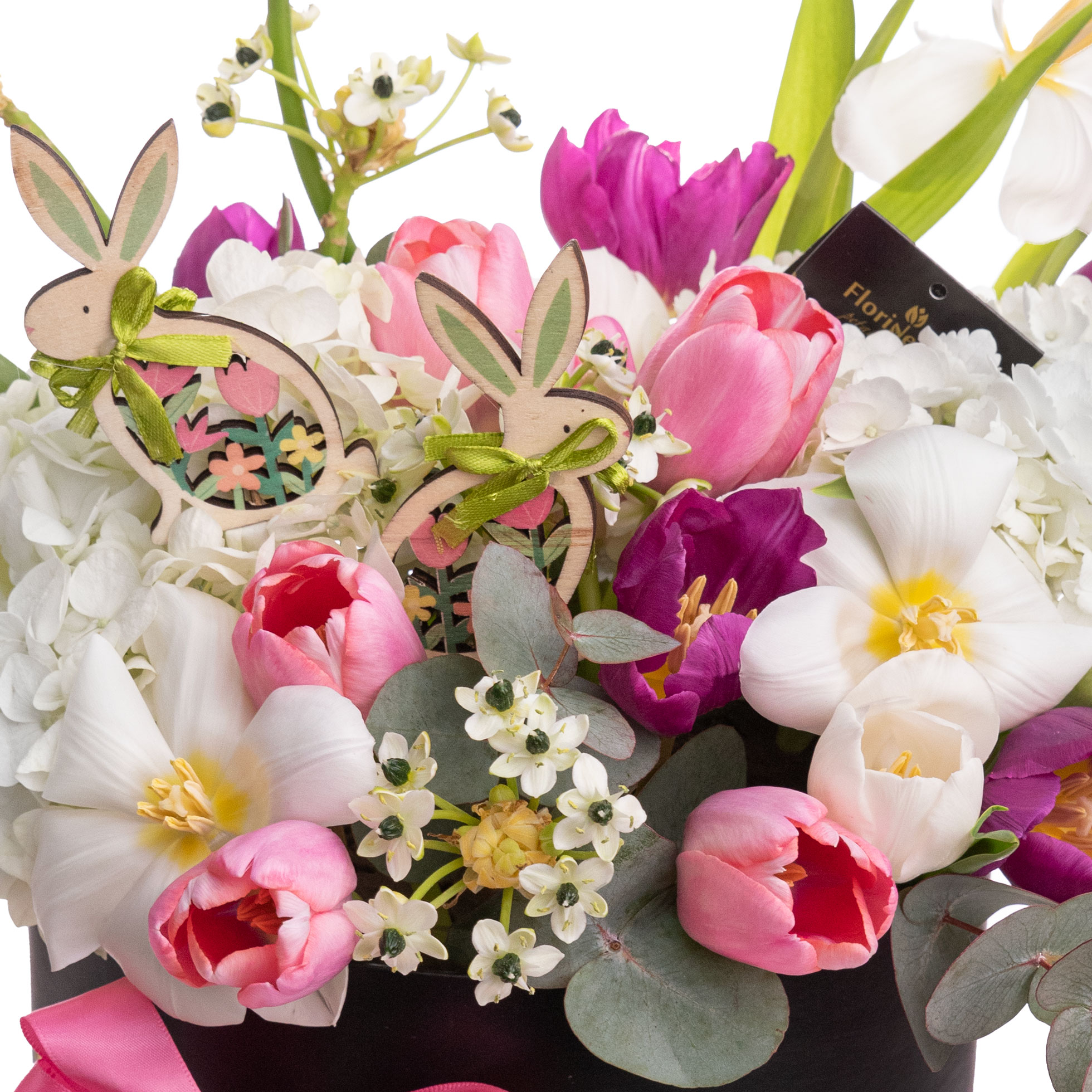 Aranjament floral de Paste cu lalele si hortensii