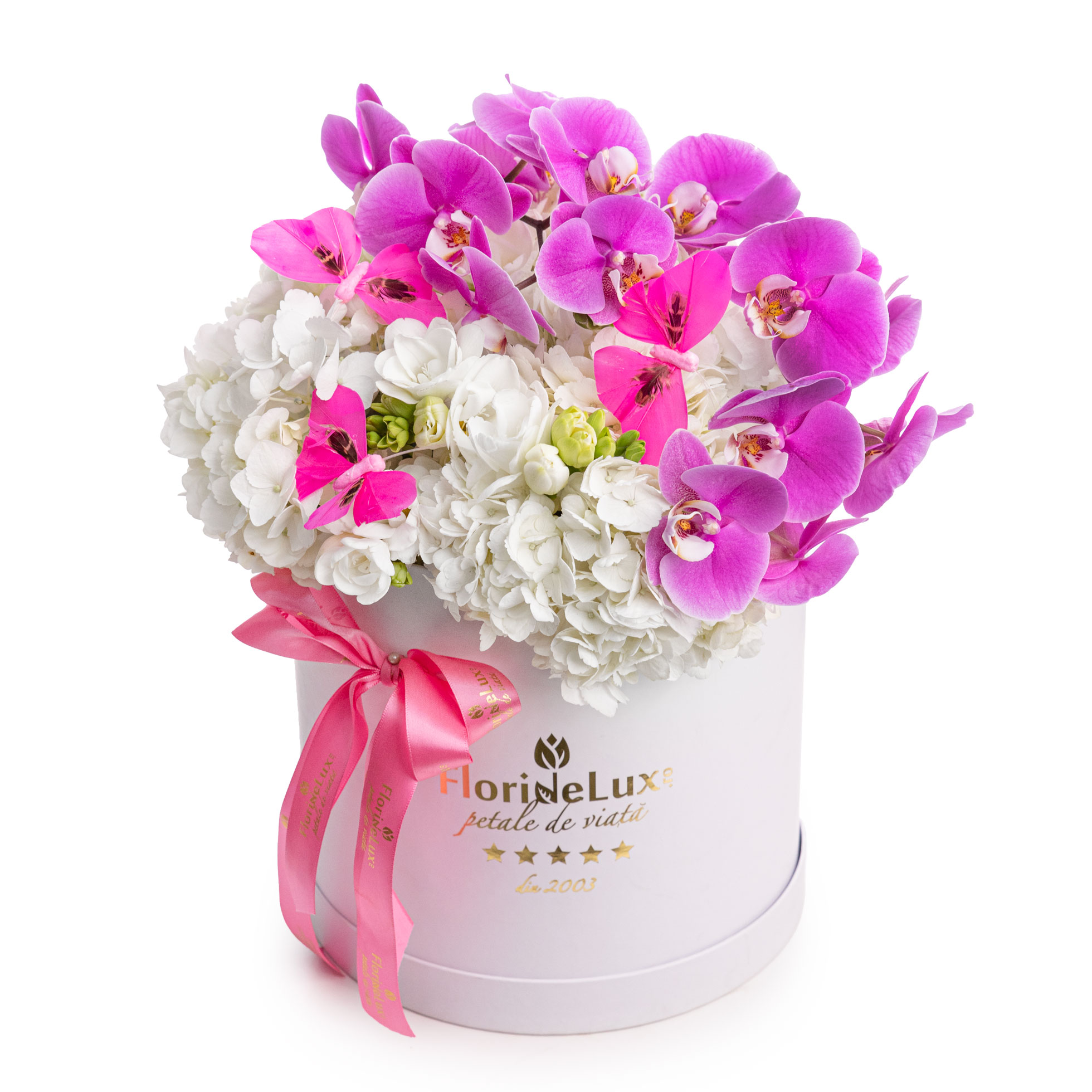 Aranjament floral cutie cu hortensii, orhidee si frezii