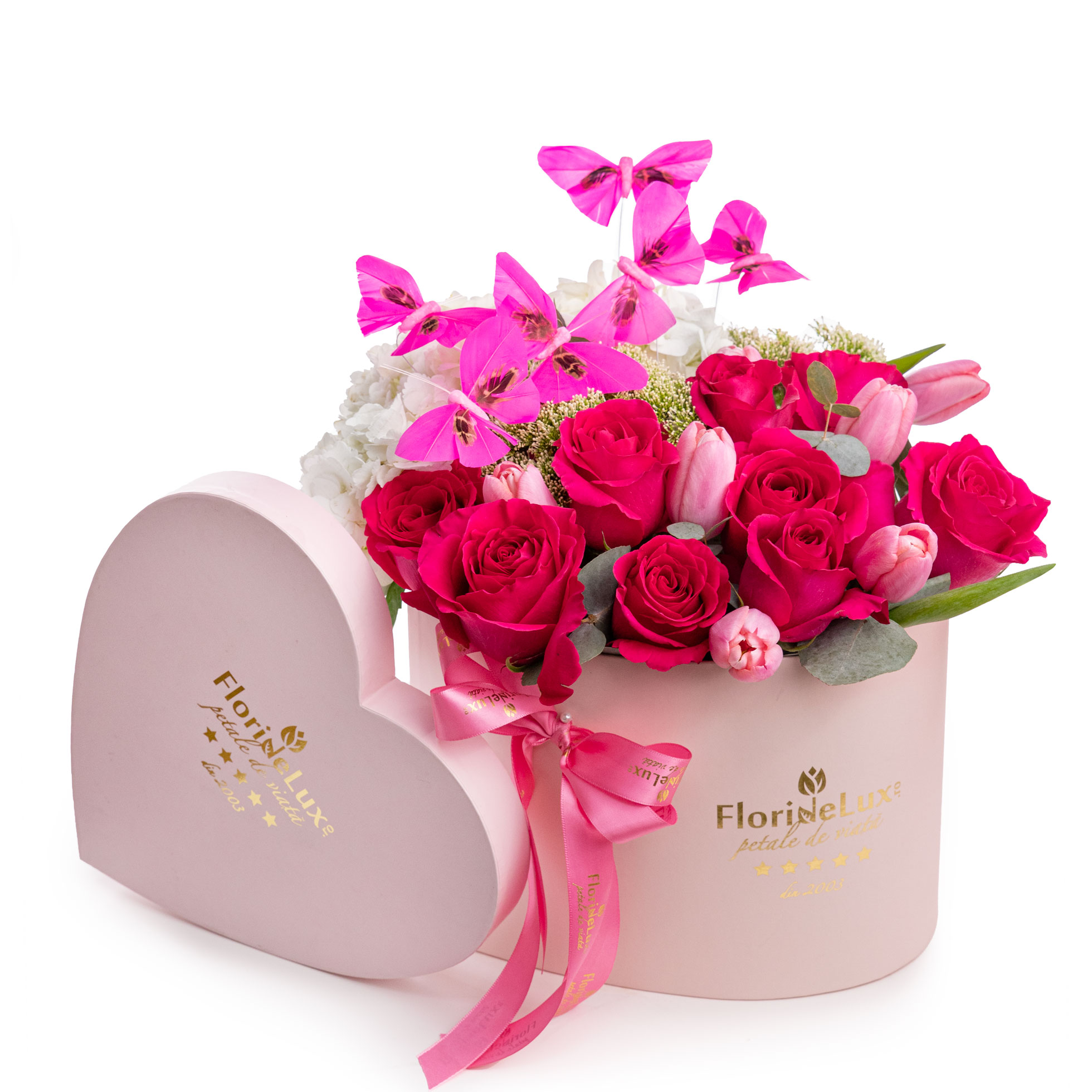 Aranjament floral cu trandafiri si lalele Pink Fantasy Aranjament