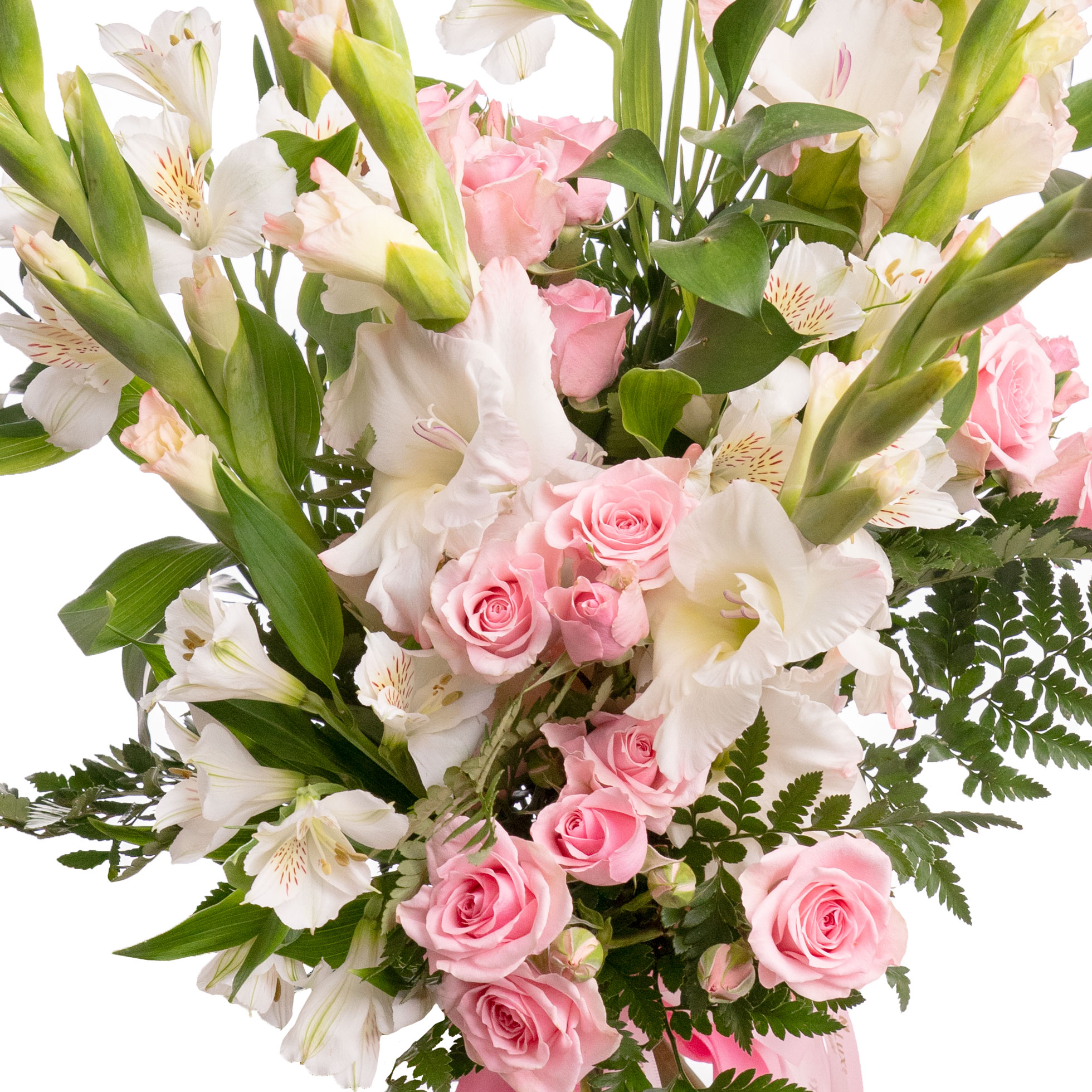 Buchet gladiole albe si trandafiri roz