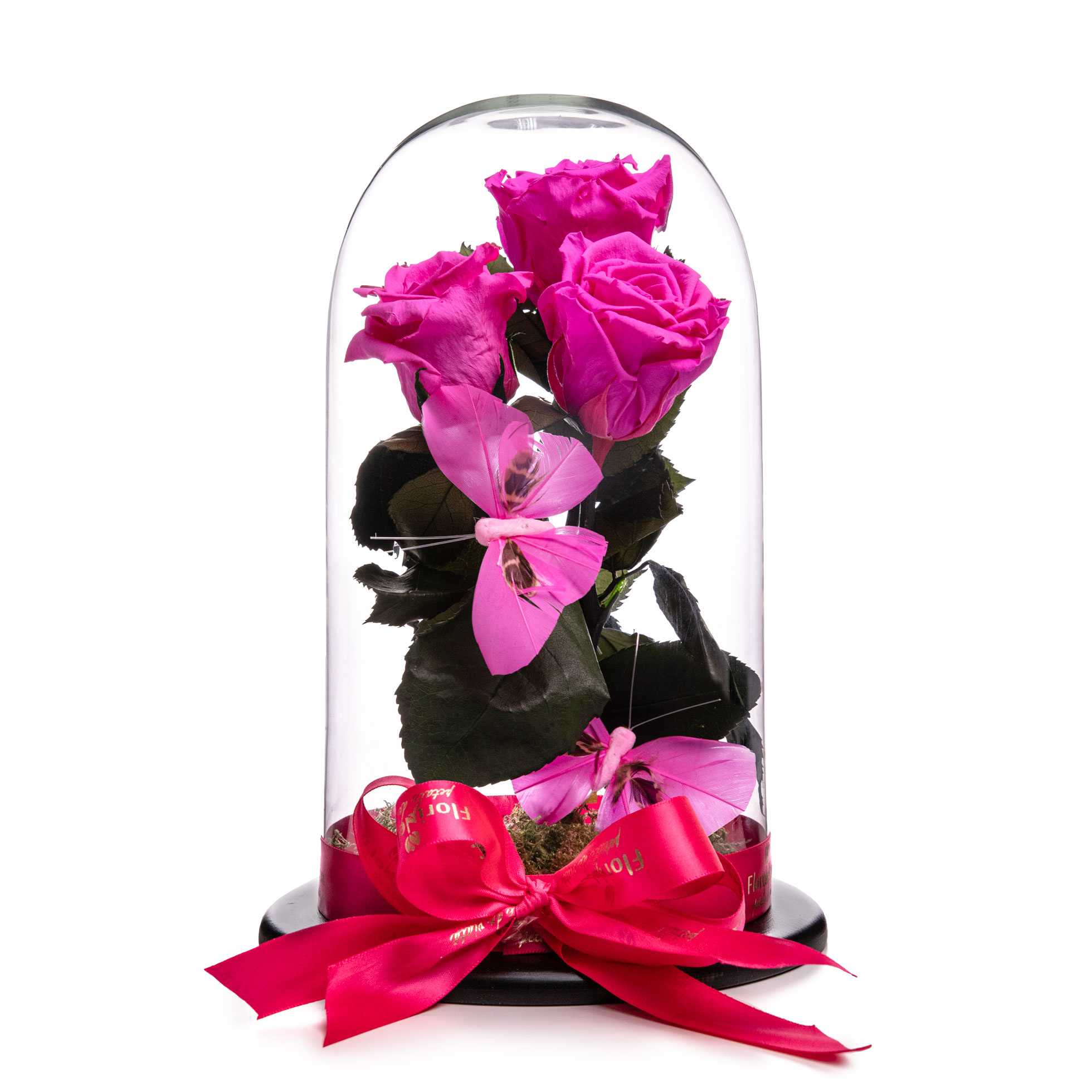 Cupola cu 3 trandafiri criogenati roz si accesorii