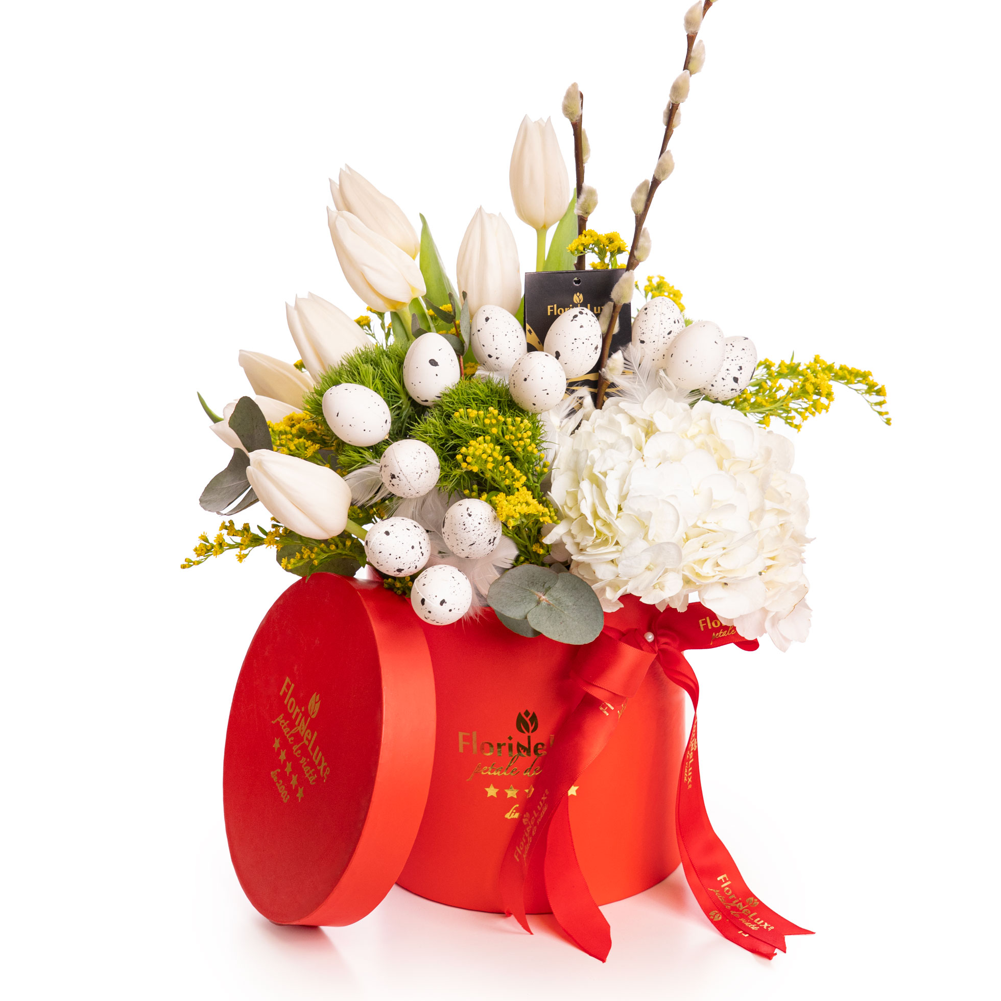 Aranjament floral cu lalele si hortensii, pentru Paste