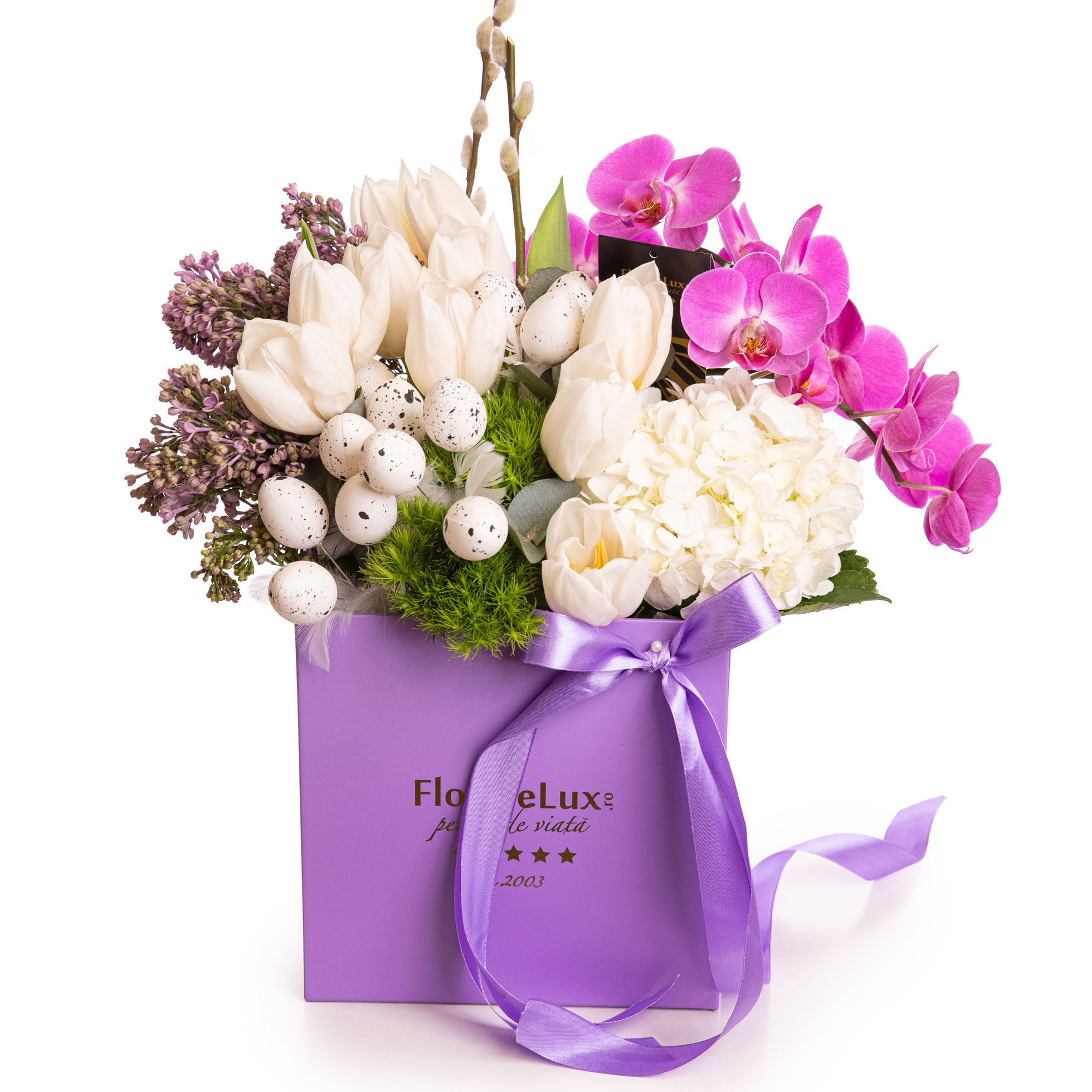 Aranjament floral cu lalele si orhidee, pentru Paste