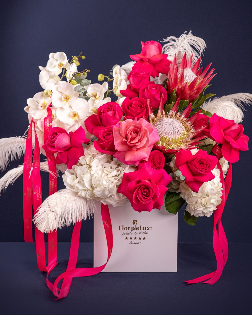 Aranjament in cutie cu trandafiri, orhidee, protea, hortensii