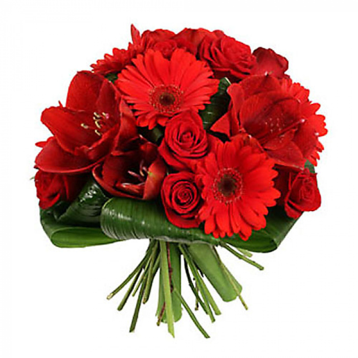 Buchet trandafiri si gerbera rosii