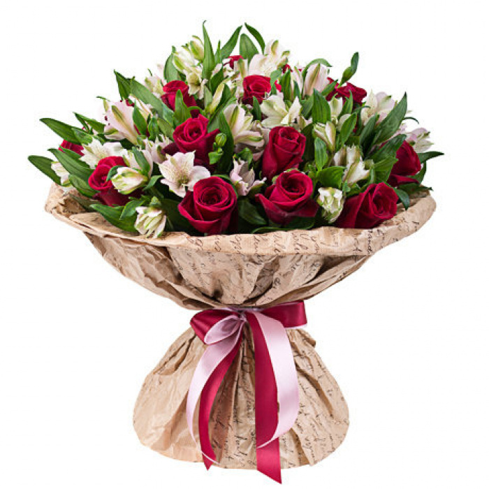Buchet trandafiri si crini albi – imaginea 1
