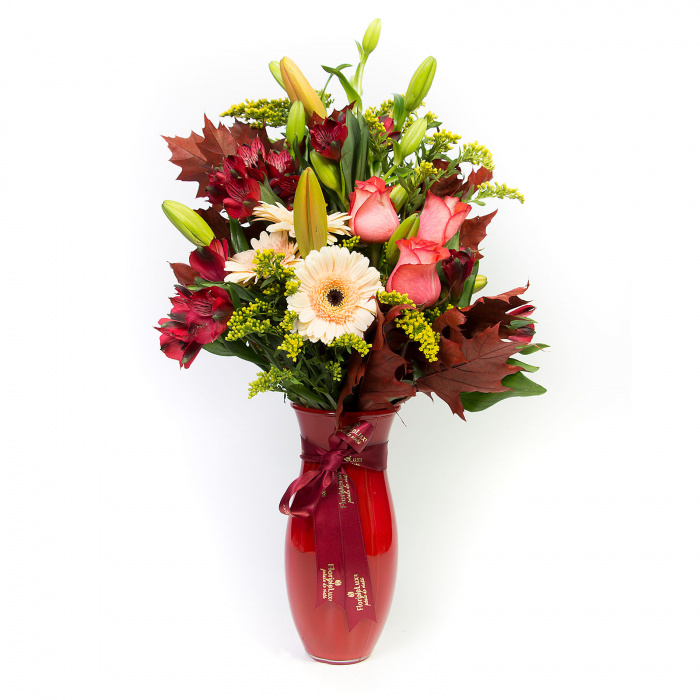 Aranjament gerbera, crini si trandafiri – imaginea 1