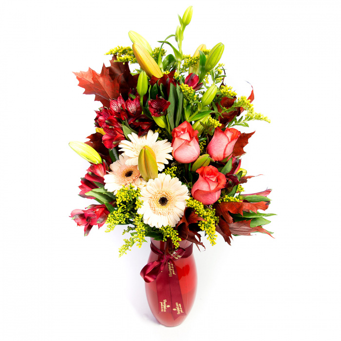 Aranjament gerbera, crini si trandafiri – imaginea 2