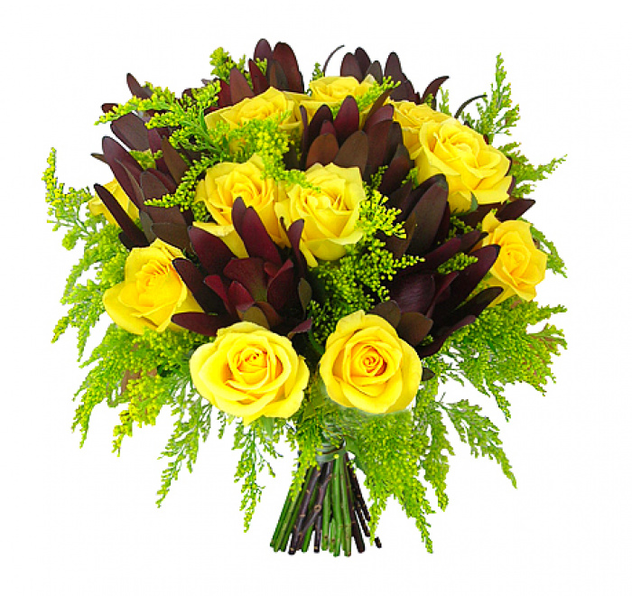 Cadou buchet din trandafiri galbeni si leucadendron – imaginea 1