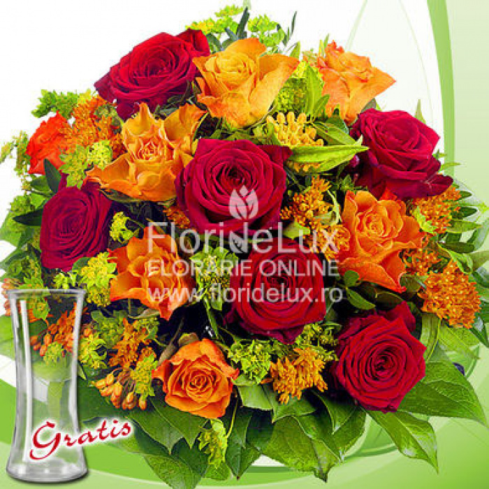 Buchet din trandafiri rosii si portocalii