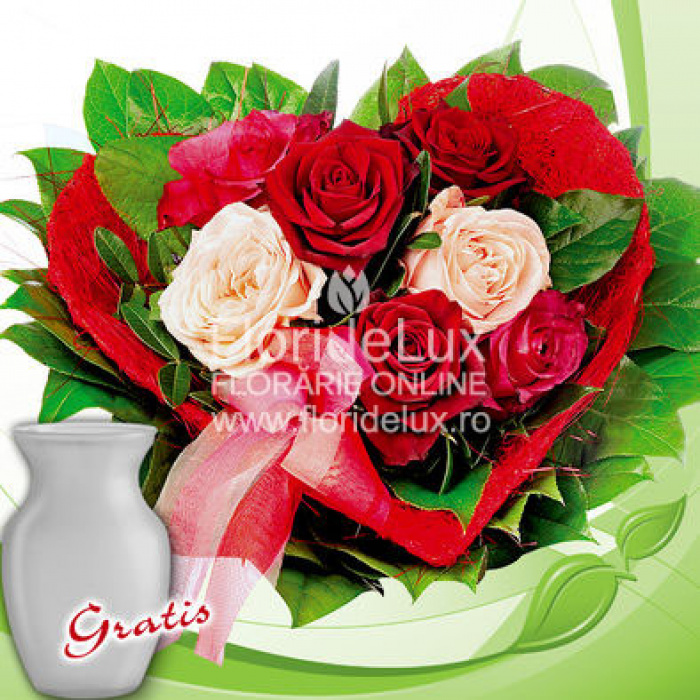 Buchet inima trandafiri rosii si roz – imaginea 1