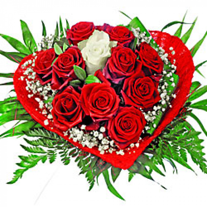 Buchet inima trandafiri rosii si gypsophila – imaginea 1