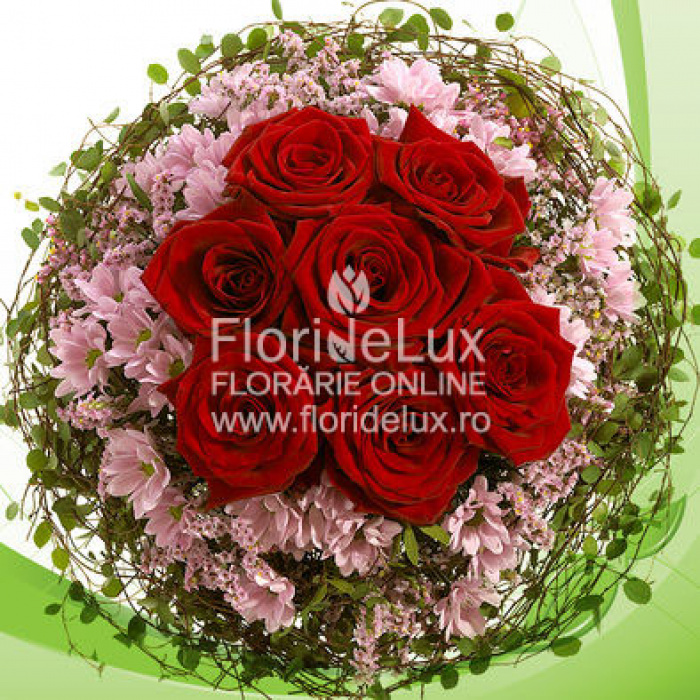 Buchet trandafiri rosii si crizanteme – imaginea 1