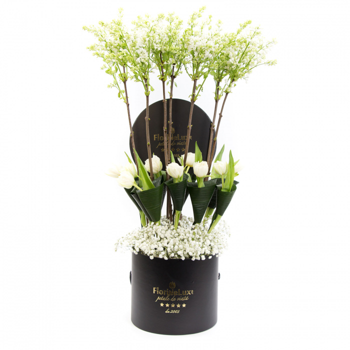 Cutie magnifica liliac, lalele si gypsophila – imaginea 1