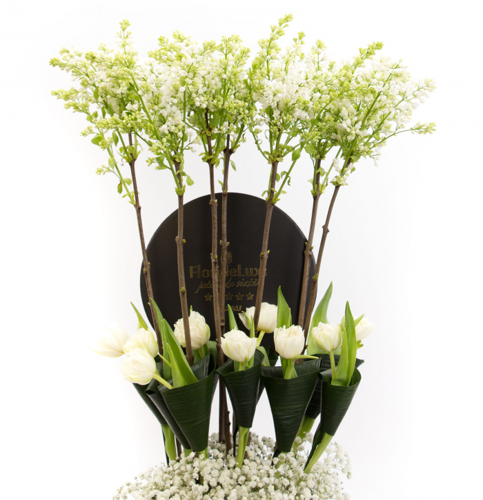 Cutie magnifica liliac, lalele si gypsophila – imaginea 2