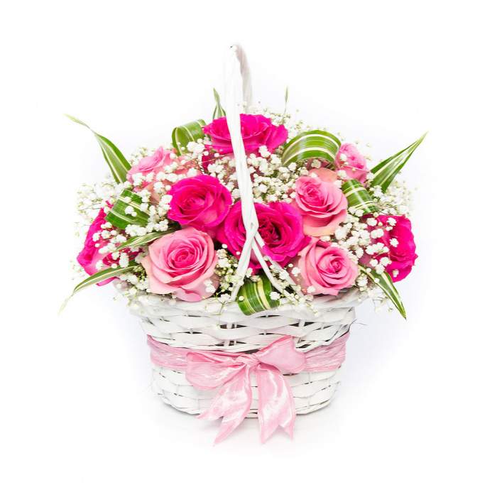 Cos trandafiri roz si gypsophila – imaginea 1
