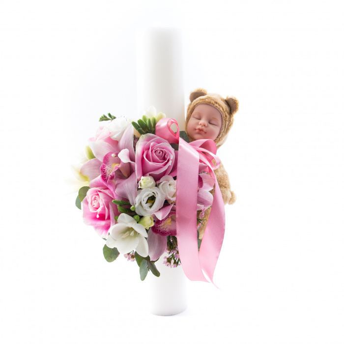 Lumanare de botez flori roz si ursulet somnoros – imaginea 1