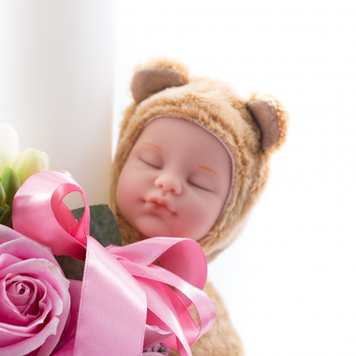 Lumanare de botez flori roz si ursulet somnoros – imaginea 3