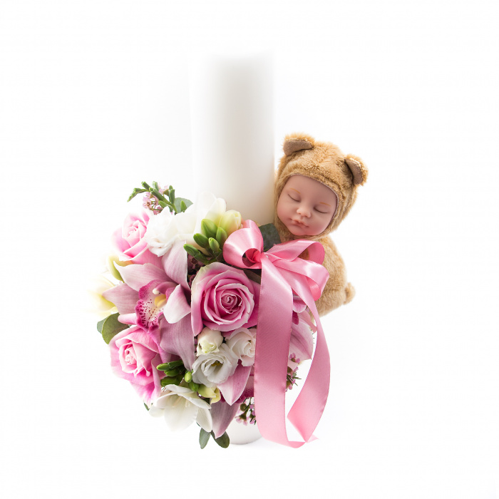 Lumanare de botez flori roz si ursulet somnoros – imaginea 4