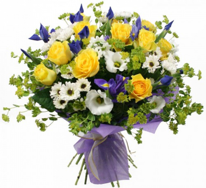 Buchet trandafiri, iris, crizanteme – imaginea 1