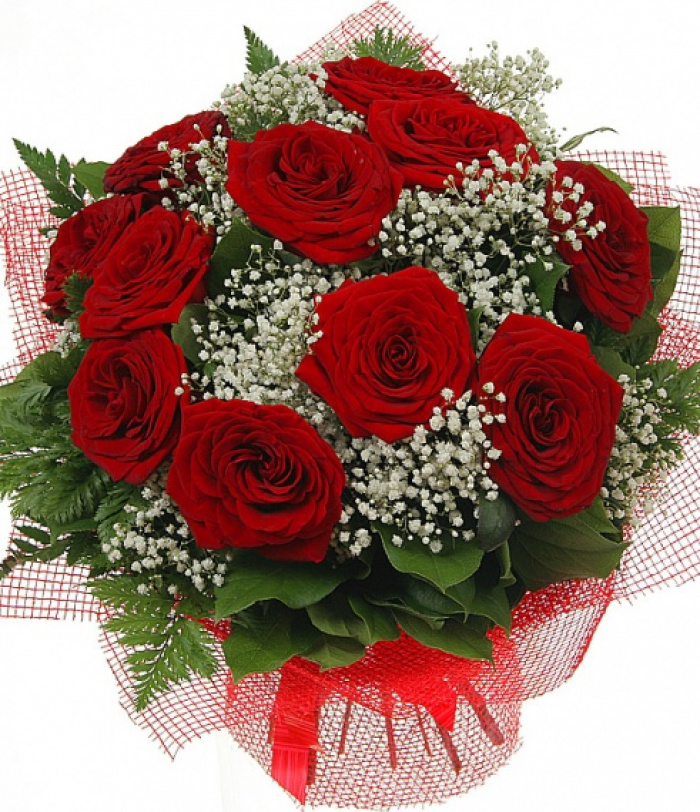Buchet 11 trandafiri rosii si gypsophila – imaginea 1