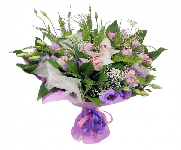 Buchet frezii, lisianthus si orhidee imperiala – imaginea 1