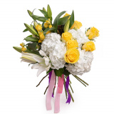 Buchet trandafiri galbeni si crini "Raze de soare" – Premium