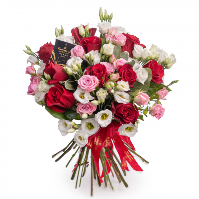 Buchet cu 4 x Eustoma alba, 1 x Felicitare FDL, 2 Panglica inscriptionata FDL, 1 x Perle cu ac, 2 x Pittosporum, 11 x Salal, 5 x Trandafir ramificat roz, 9 x Trandafir rosu