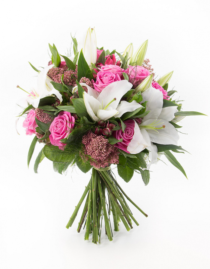 Buchet trandafiri roz, crini albi si alstroemeria – imaginea 1