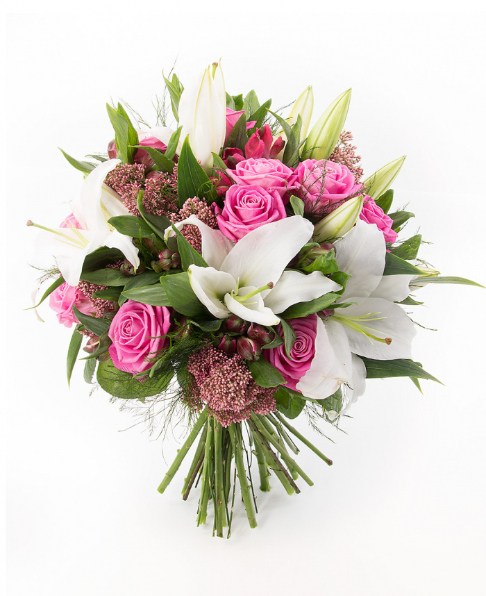 Buchet trandafiri roz, crini albi si alstroemeria – imaginea 2