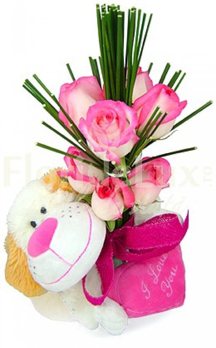 Buchet 11 trandafiri roz pal si catel de plus – imaginea 1