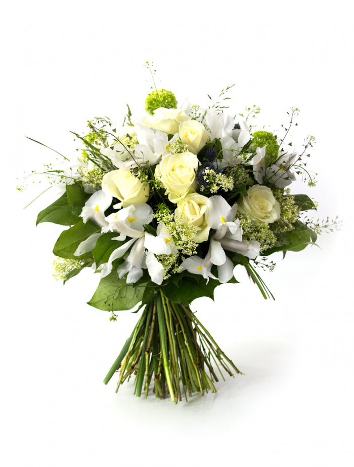 Buchet cu trandafiri albi si irisi albi – imaginea 1
