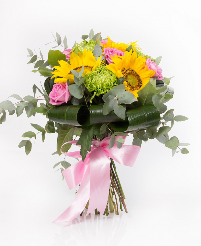 Buchet floarea soarelui si trandafiri roz – imaginea 1