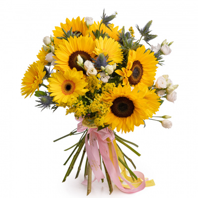 Buchet floarea-soarelui, gerbera si lisianthus